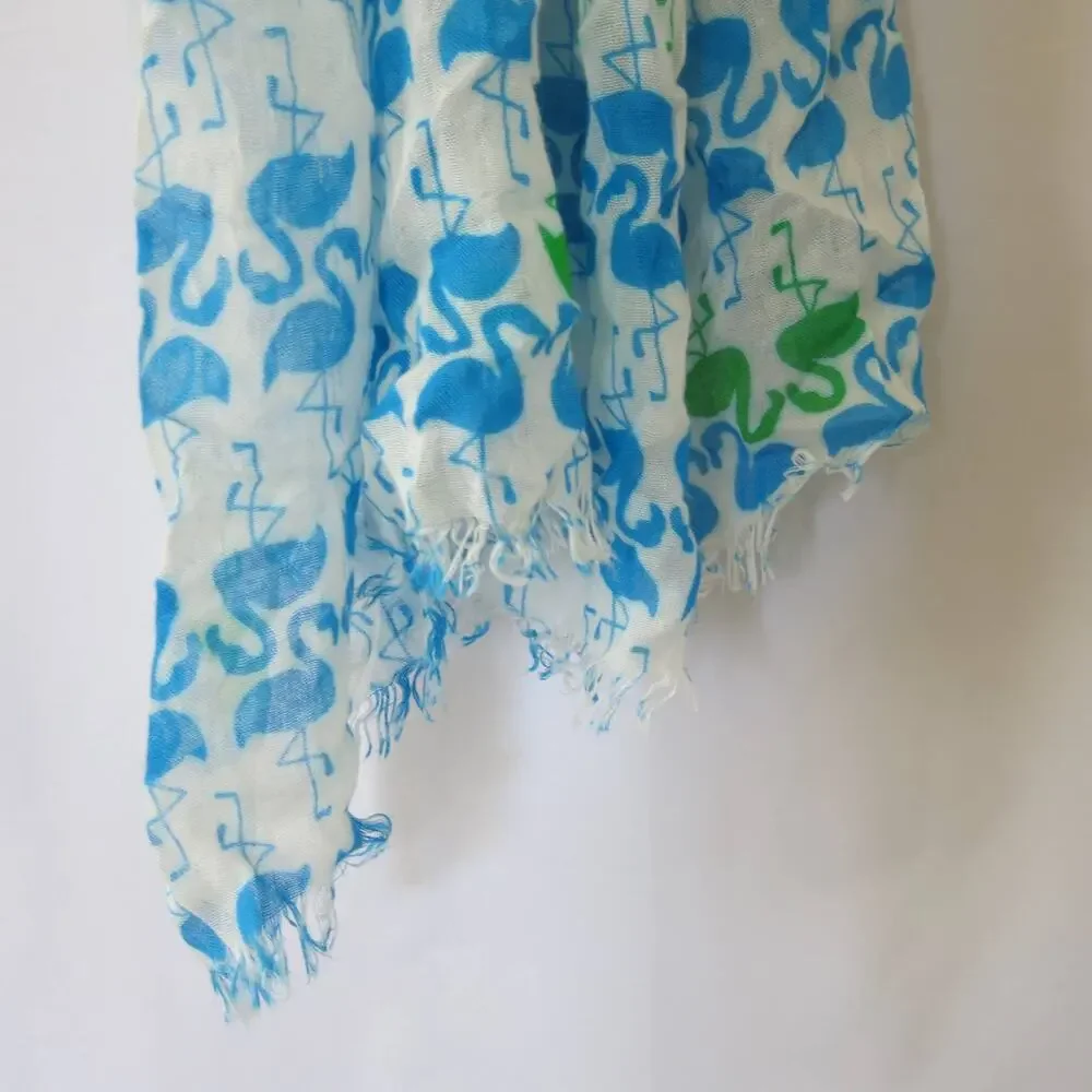 FLAMINGO Scarf Light Weight  White 20x71 Beach Summer Fringe Festival Colorful